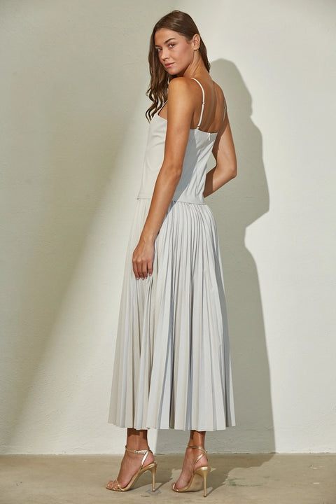 Woven Stretch Midi Dress with Pleated Skirt