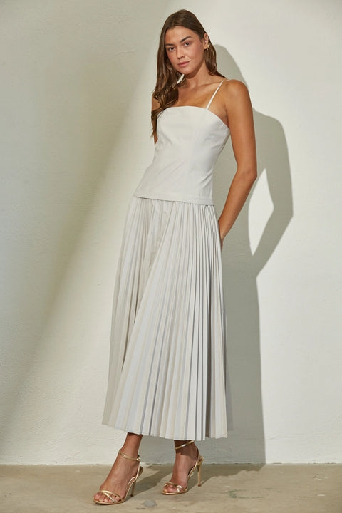 Woven Stretch Midi Dress with Pleated Skirt