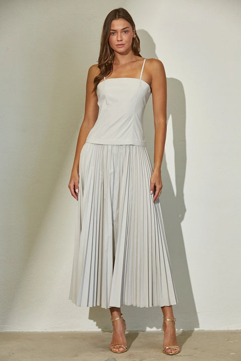 Woven Stretch Midi Dress with Pleated Skirt