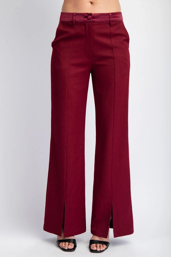 Woven Tailored Pants with Satin Contrast Insert Burgundy-Pants-Edit by Nine-S-Urbanheer