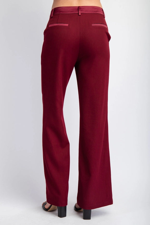 Woven Tailored Pants with Satin Contrast Insert Burgundy-Pants-Edit by Nine-S-Urbanheer