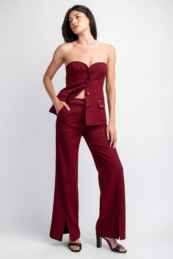 Woven Tailored Pants with Satin Contrast Insert Burgundy-Pants-Edit by Nine-S-Urbanheer