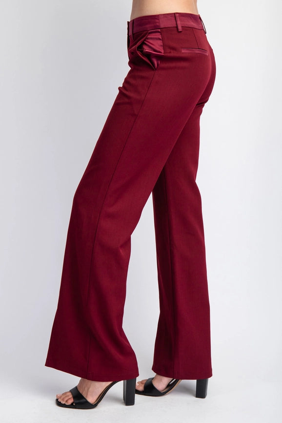 Woven Tailored Pants with Satin Contrast Insert Burgundy-Pants-Edit by Nine-S-Urbanheer