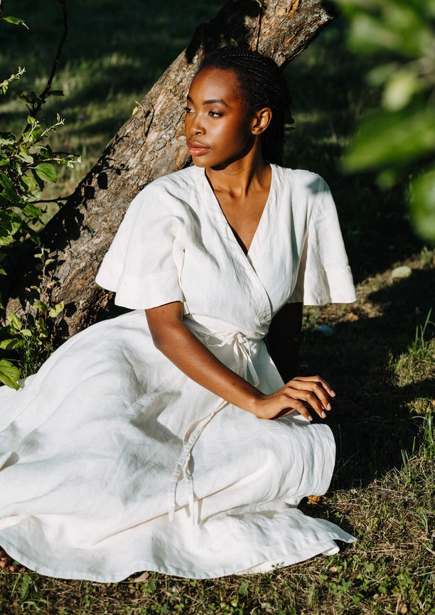 Wrap Dress, Butterfly Sleeve, Hemp, Milky White | Son de Flor, Milky White / S Wrap Dress, Butterfly Sleeve, Hemp, Milky White | Son de Flor, Milky White / S