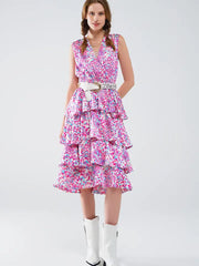 Wrap Front Midid Dress with Tiered Skirt in Multicolor Animal Print-Dress-Q2-S-Pink-Urbanheer