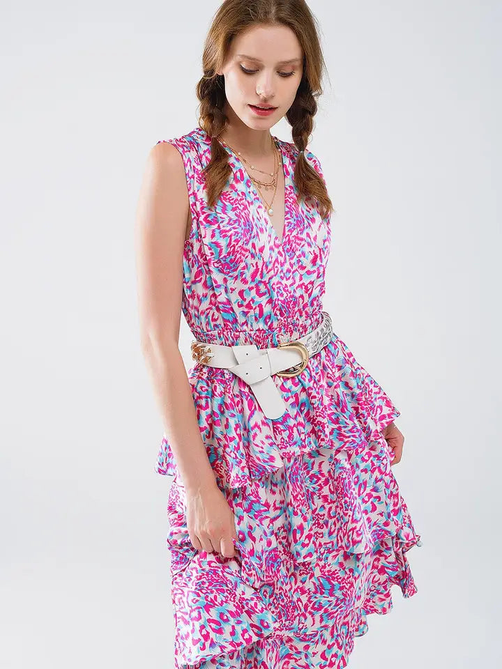 Wrap Front Midid Dress with Tiered Skirt in Multicolor Animal Print-Dress-Q2-S-Pink-Urbanheer