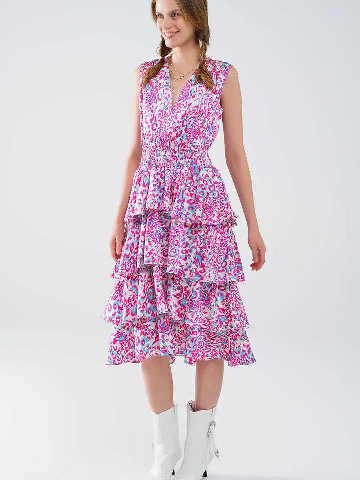 Wrap Front Midid Dress with Tiered Skirt in Multicolor Animal Print-Dress-Q2-S-Pink-Urbanheer