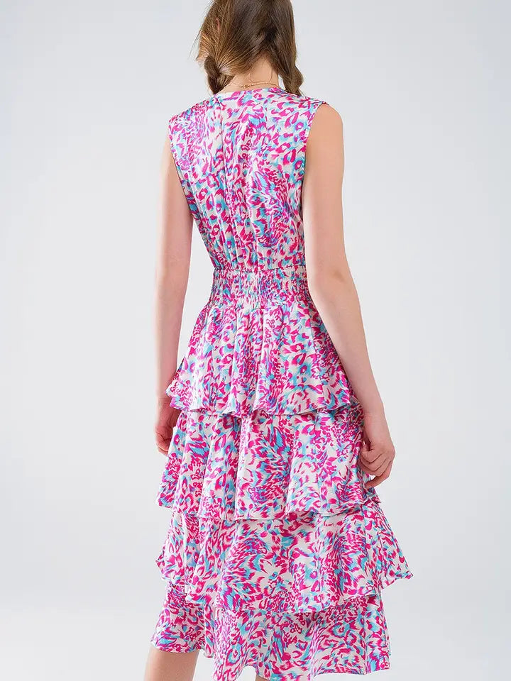 Wrap Front Midid Dress with Tiered Skirt in Multicolor Animal Print-Dress-Q2-S-Pink-Urbanheer