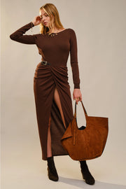 Wrap Front Ruched Side Slit Buckle Trim Maxi Skirt