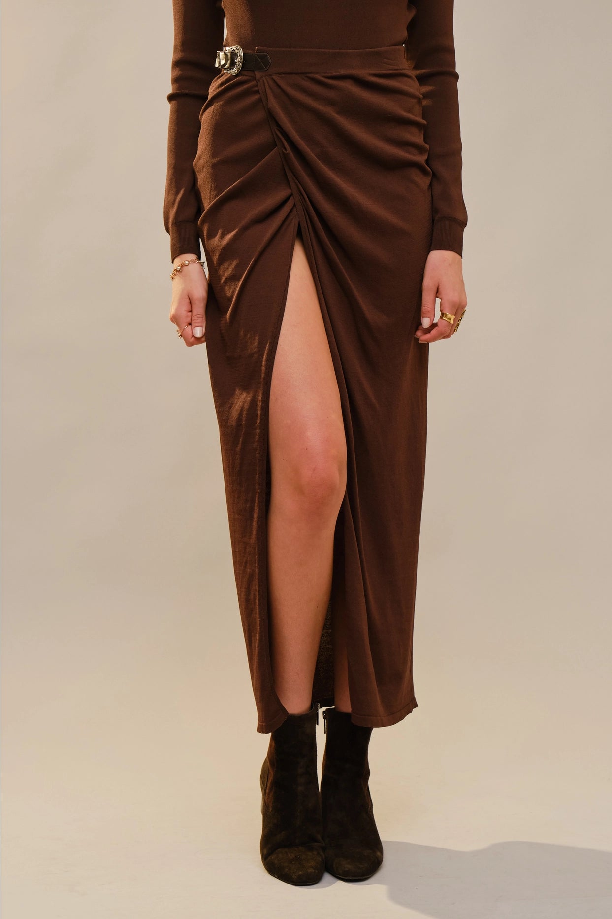 Wrap Front Ruched Side Slit Buckle Trim Maxi Skirt