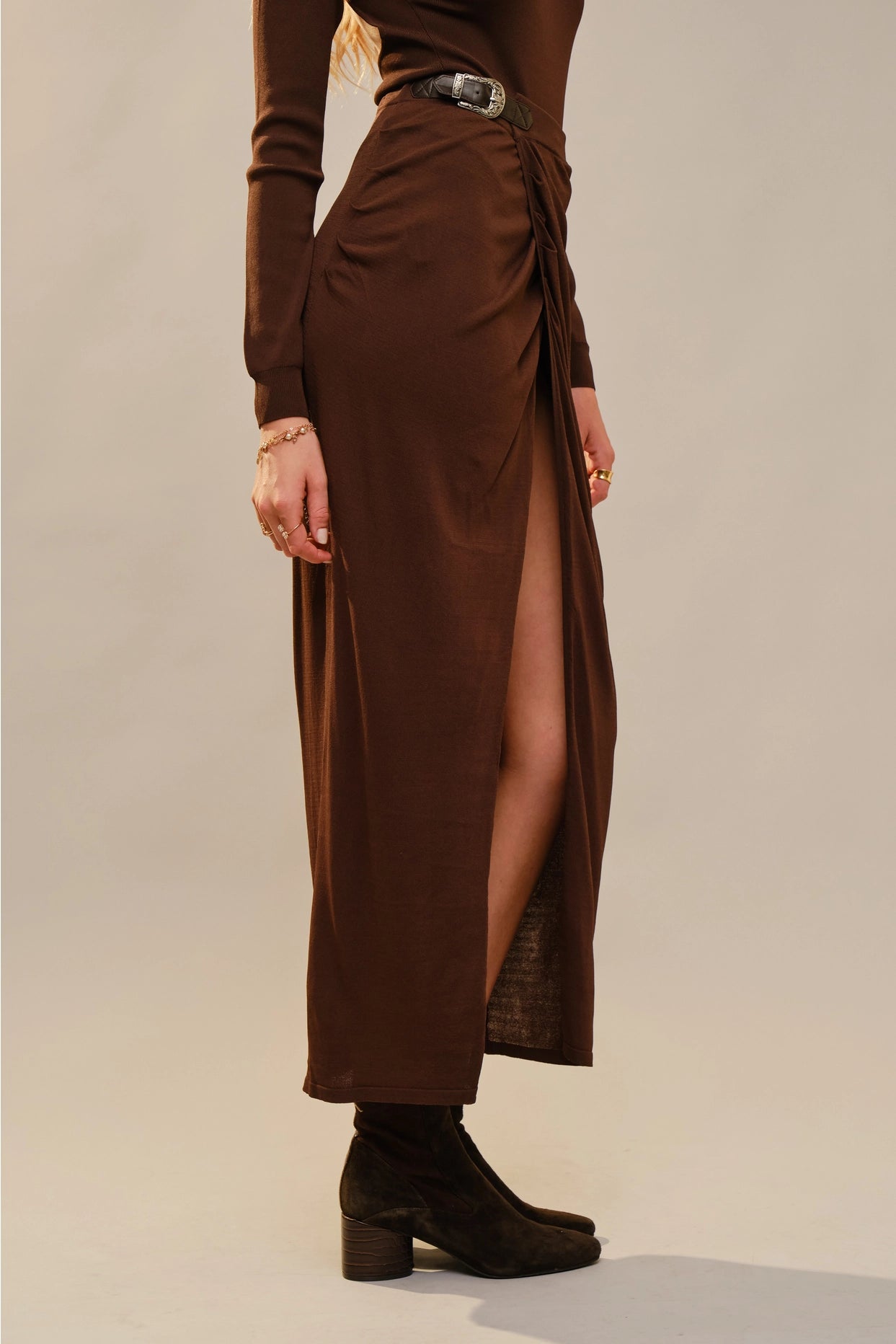 Wrap Front Ruched Side Slit Buckle Trim Maxi Skirt