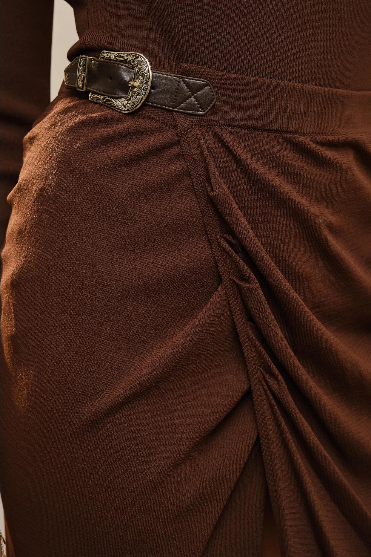 Wrap Front Ruched Side Slit Buckle Trim Maxi Skirt