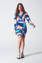 Wrap Short Abstract Print Dress In Blue-Dress-Q2-M-Blue-Urbanheer