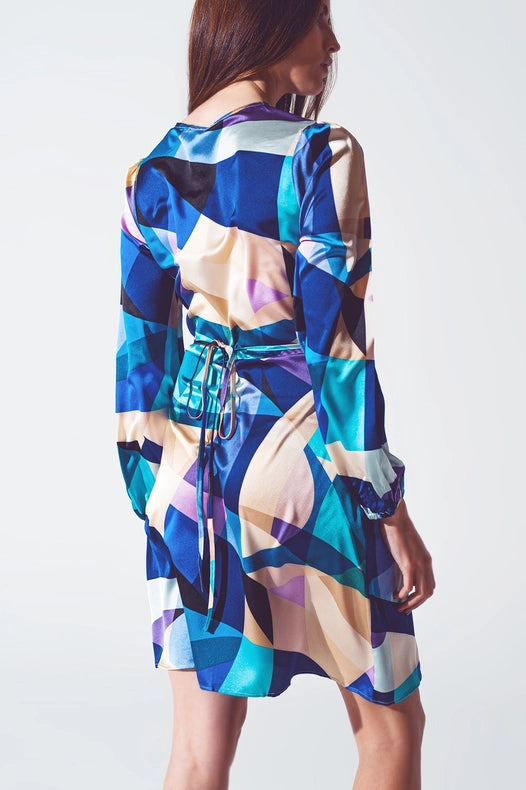 Wrap Short Abstract Print Dress In Blue-Dress-Q2-M-Blue-Urbanheer