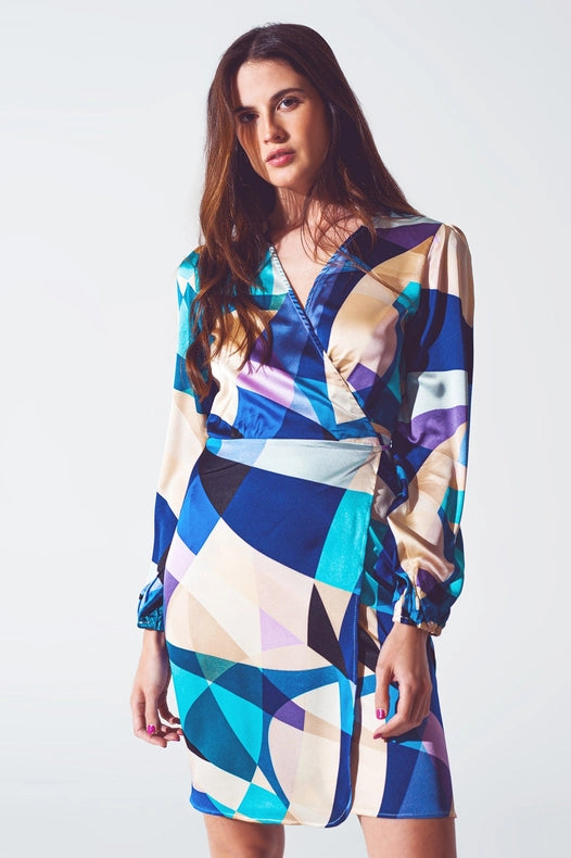 Wrap Short Abstract Print Dress In Blue-Dress-Q2-M-Blue-Urbanheer