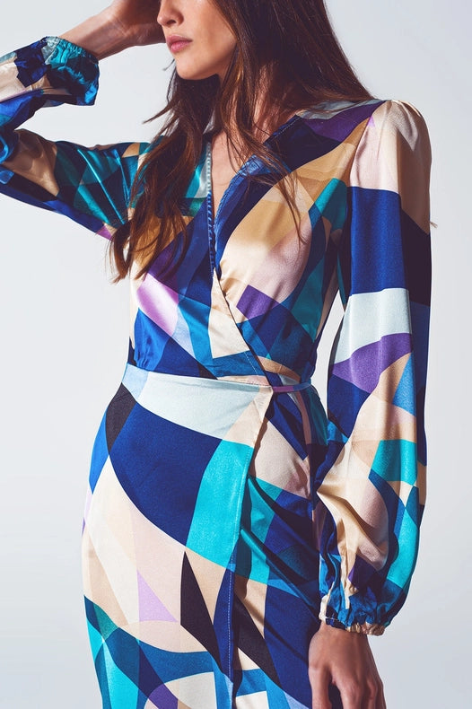 Wrap Short Abstract Print Dress In Blue-Dress-Q2-M-Blue-Urbanheer