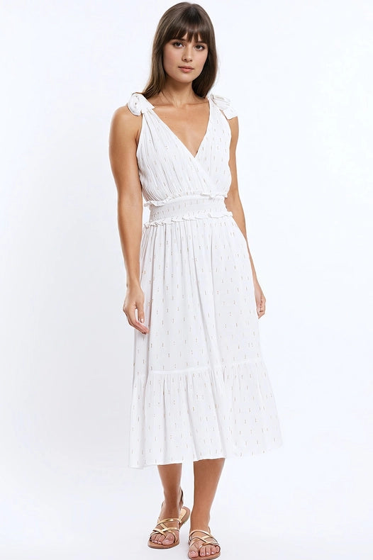 Wrapped White Midi Dress With Smock Detail At The Waist And Golden Polka Dots-Dress-Q2-S-White-Urbanheer
