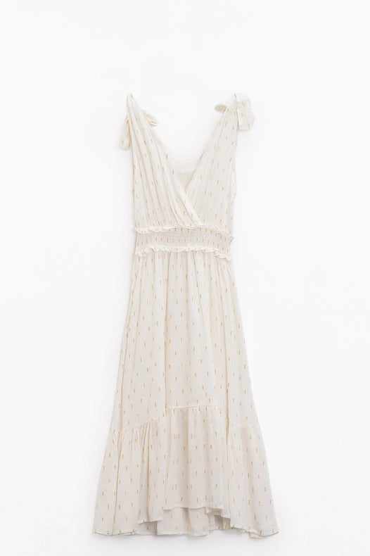Wrapped White Midi Dress With Smock Detail At The Waist And Golden Polka Dots-Dress-Q2-S-White-Urbanheer