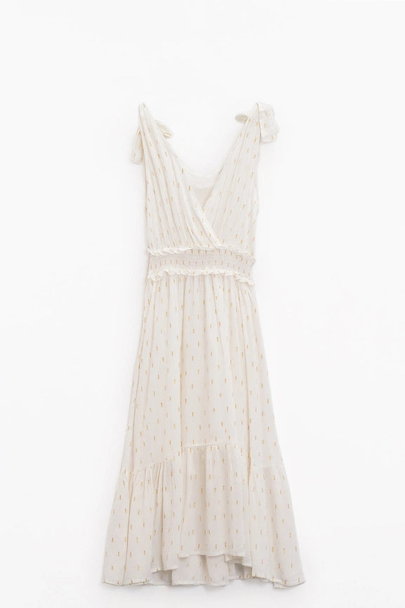 Wrapped White Midi Dress with Smock Detail At the Waist and Golden Polka Dots-Dress-Q2-S-White-Urbanheer