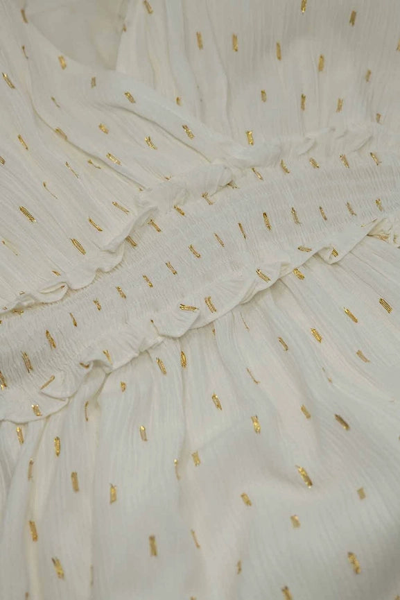 Wrapped White Midi Dress with Smock Detail At the Waist and Golden Polka Dots-Dress-Q2-S-White-Urbanheer