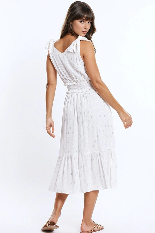 Wrapped White Midi Dress With Smock Detail At The Waist And Golden Polka Dots-Dress-Q2-S-White-Urbanheer
