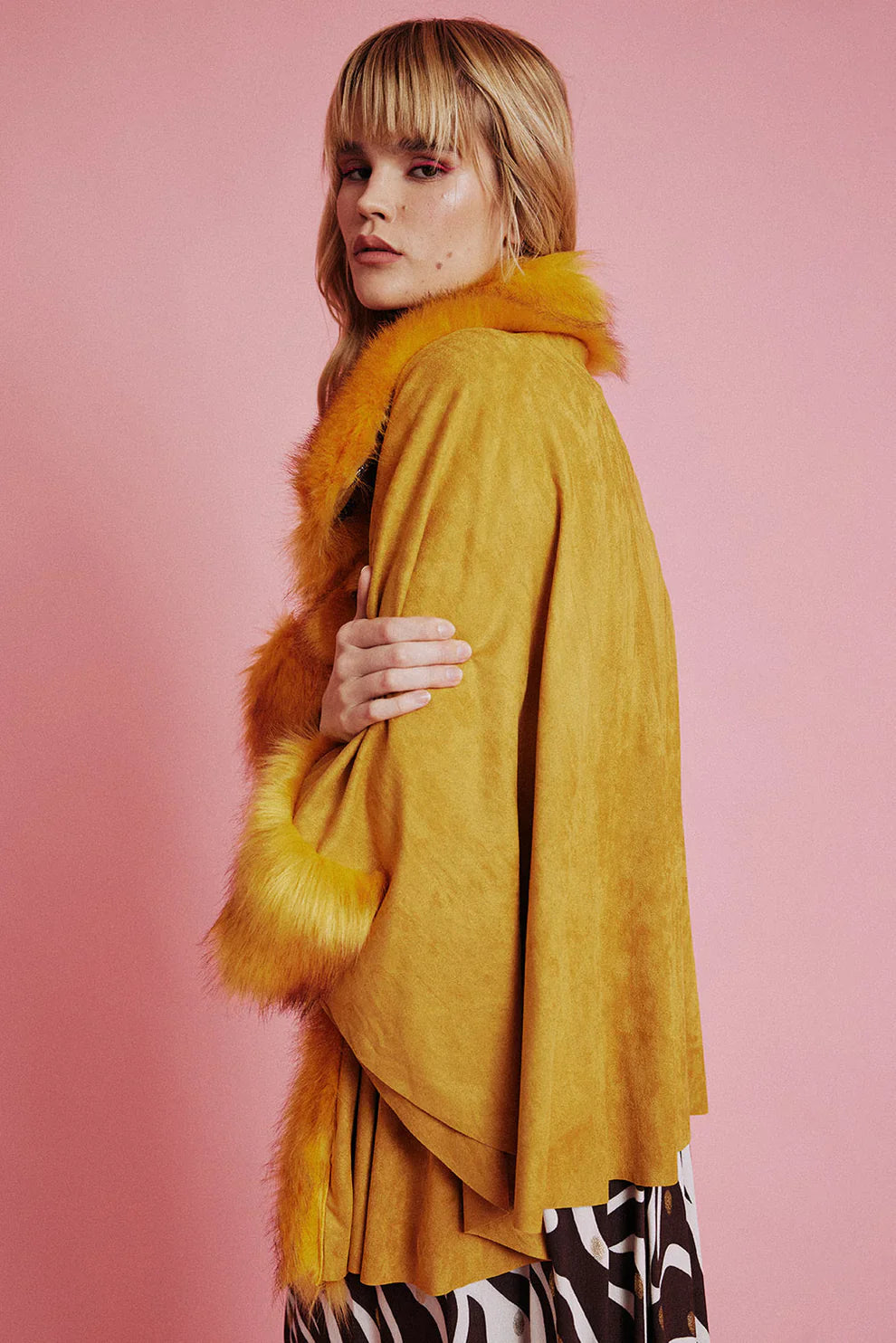 Yellow Faux Fur Suede Cape Jacket-Jackets & Blazers-Buy Me Fur Ltd-One Size-Yellow-Faux Suede-Urbanheer