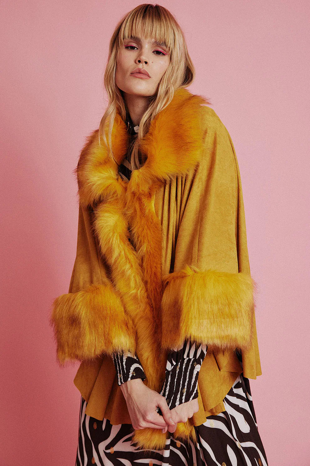 Yellow Faux Fur Suede Cape Jacket-Jackets & Blazers-Buy Me Fur Ltd-One Size-Yellow-Faux Suede-Urbanheer