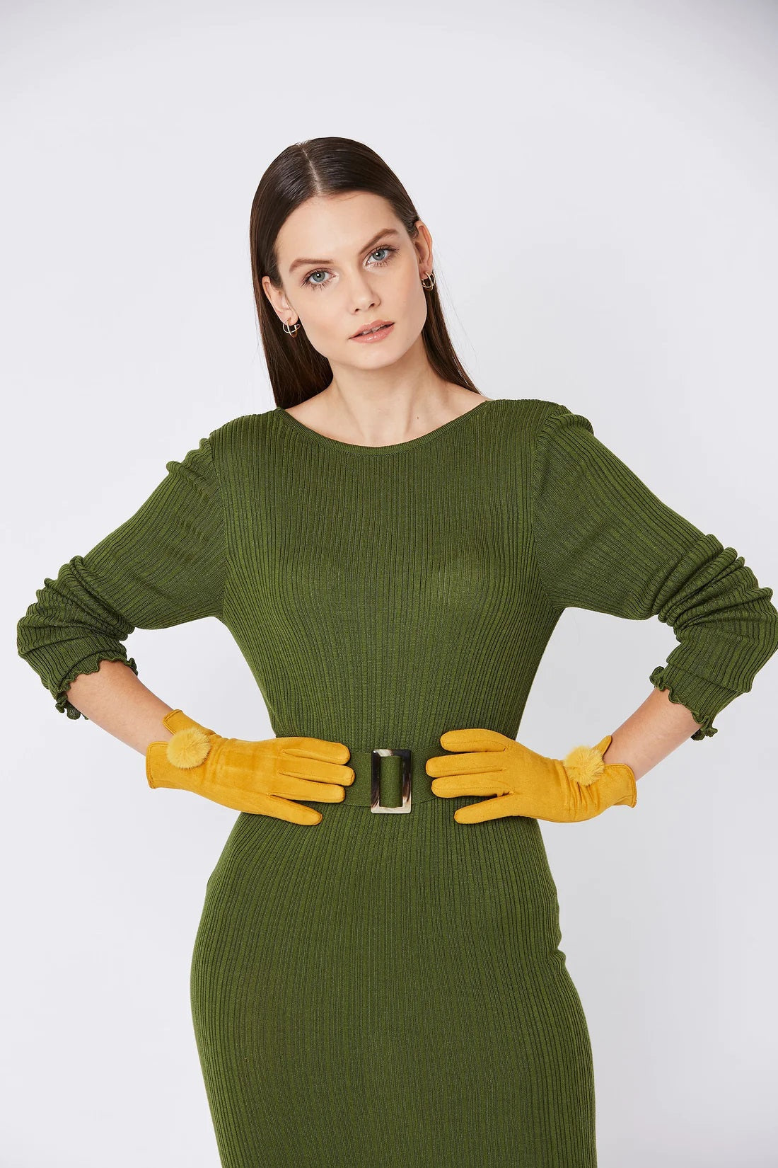 Yellow Faux Suede Gloves With Faux Fur Pom-Gloves-Buy Me Fur Ltd-One Size-Yellow-Faux Suede-Urbanheer