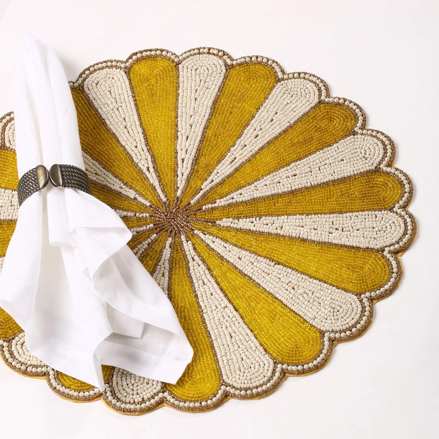 Yellow Floral Beaded Placemat-Placemat-Tiramisu-15 x 15 x 0.2 in (38.1 x 38.1 x 0.5 cm)-Urbanheer