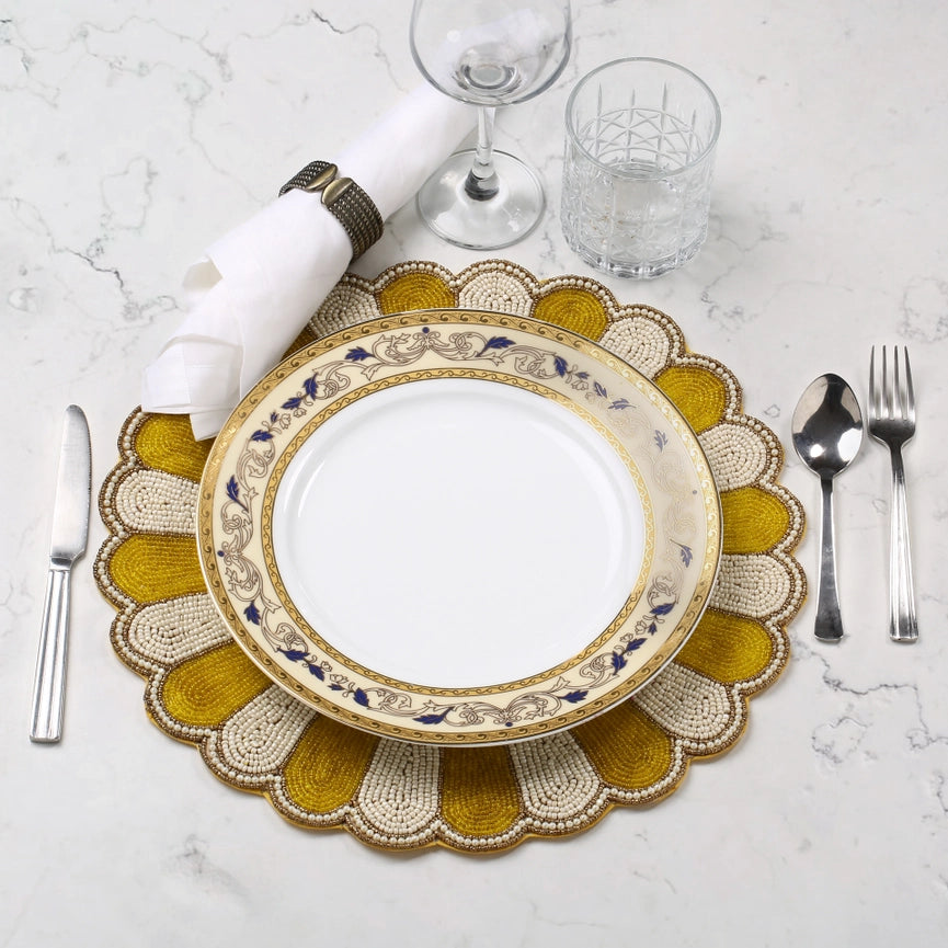 Yellow Floral Beaded Placemat-Placemat-Tiramisu-15 x 15 x 0.2 in (38.1 x 38.1 x 0.5 cm)-Urbanheer