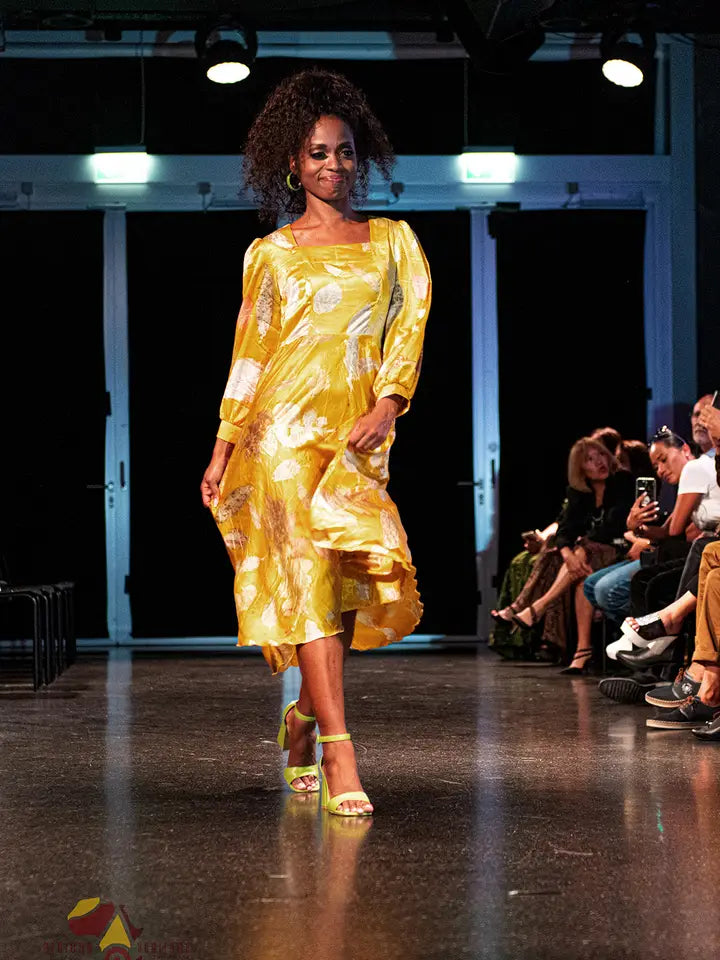 Yellow Long-Sleeved Organic-Print Midi Dress-Dress-Komang Darmiani-One Size-Yellow-Urbanheer