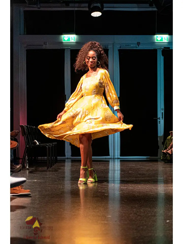 Yellow Long-Sleeved Organic-Print Midi Dress-Dress-Komang Darmiani-One Size-Yellow-Urbanheer