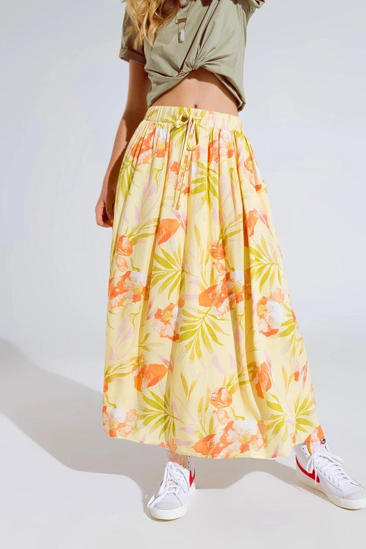 Yellow Maxi Skirt With Tropical Print-Skirt-Q2-L-Yellow-Urbanheer