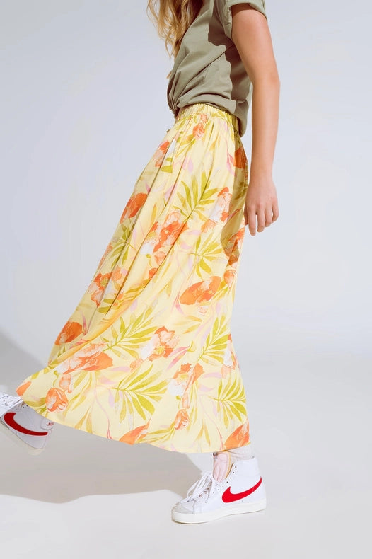 Yellow Maxi Skirt With Tropical Print-Skirt-Q2-L-Yellow-Urbanheer