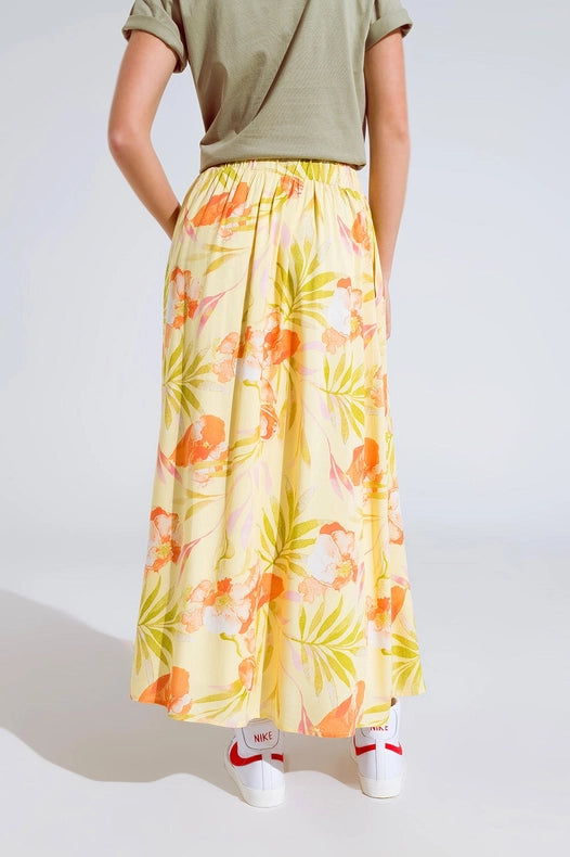 Yellow Maxi Skirt With Tropical Print-Skirt-Q2-L-Yellow-Urbanheer