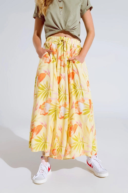 Yellow Maxi Skirt With Tropical Print-Skirt-Q2-L-Yellow-Urbanheer