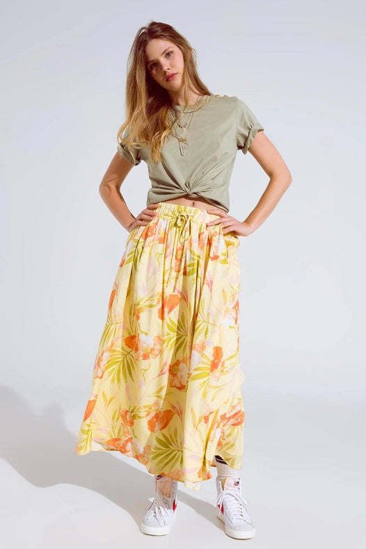 Yellow Maxi Skirt With Tropical Print-Skirt-Q2-L-Yellow-Urbanheer