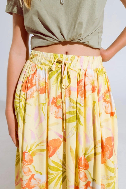 Yellow Maxi Skirt With Tropical Print-Skirt-Q2-L-Yellow-Urbanheer