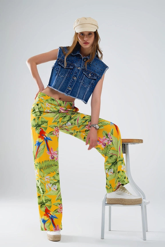 Yellow Pants with Tropical Print with Zip Side-Pants-Q2-S-Yellow-Urbanheer