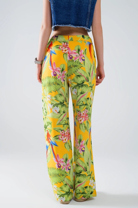 Yellow Pants with Tropical Print with Zip Side-Pants-Q2-S-Yellow-Urbanheer