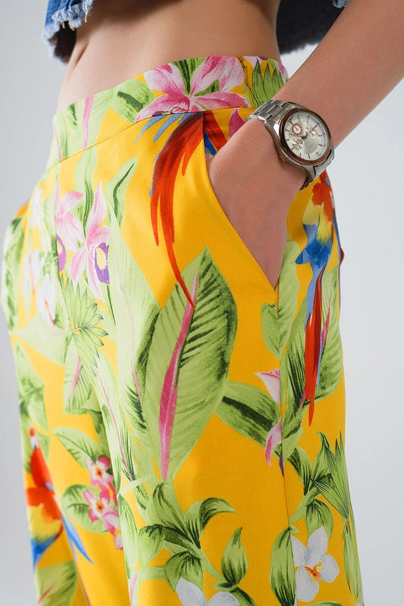 Yellow Pants with Tropical Print with Zip Side-Pants-Q2-S-Yellow-Urbanheer