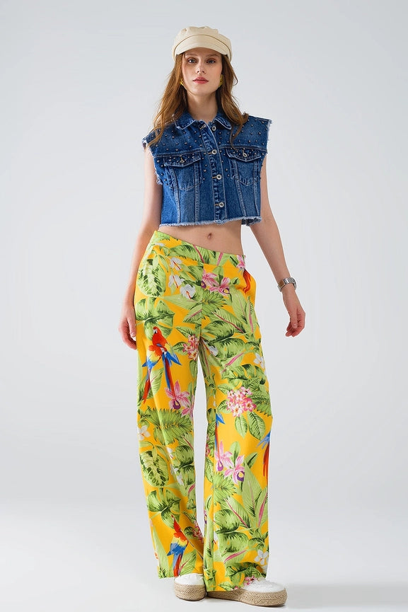 Yellow Pants with Tropical Print with Zip Side-Pants-Q2-S-Yellow-Urbanheer