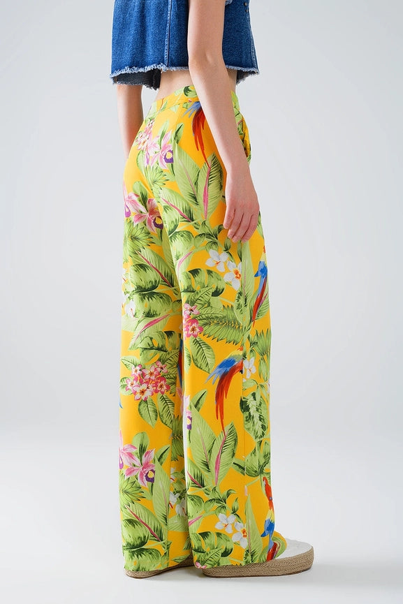 Yellow Pants with Tropical Print with Zip Side-Pants-Q2-S-Yellow-Urbanheer