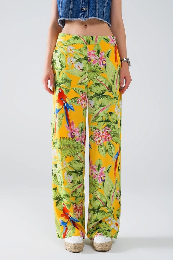 Yellow Pants with Tropical Print with Zip Side-Pants-Q2-S-Yellow-Urbanheer