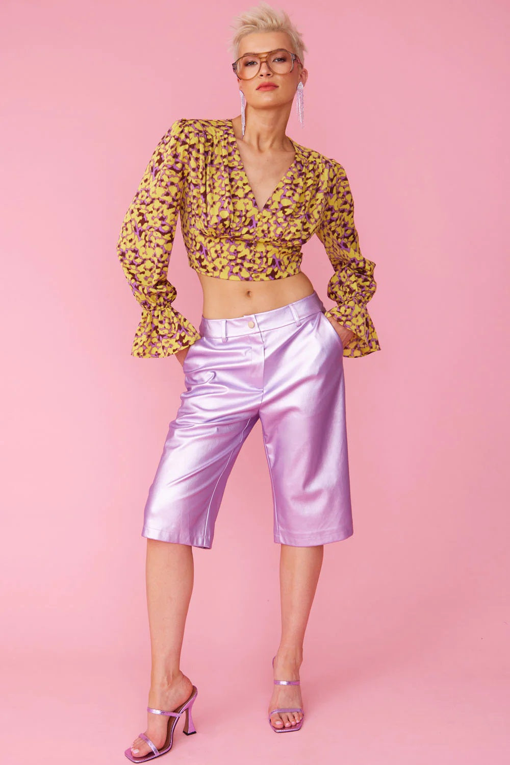 Yellow Purple Silk Blend Cropped Blouse-Tops-Buy Me Fur Ltd-S-M-Yellow / Purple-Silk-Urbanheer