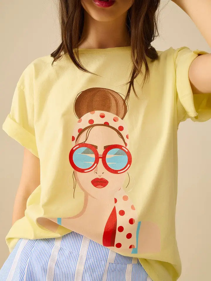 Yellow T-Shirt Made in Italy with A Vintage Girl Graphic-T-Shirt-Q2-OS-YELLOW-Urbanheer