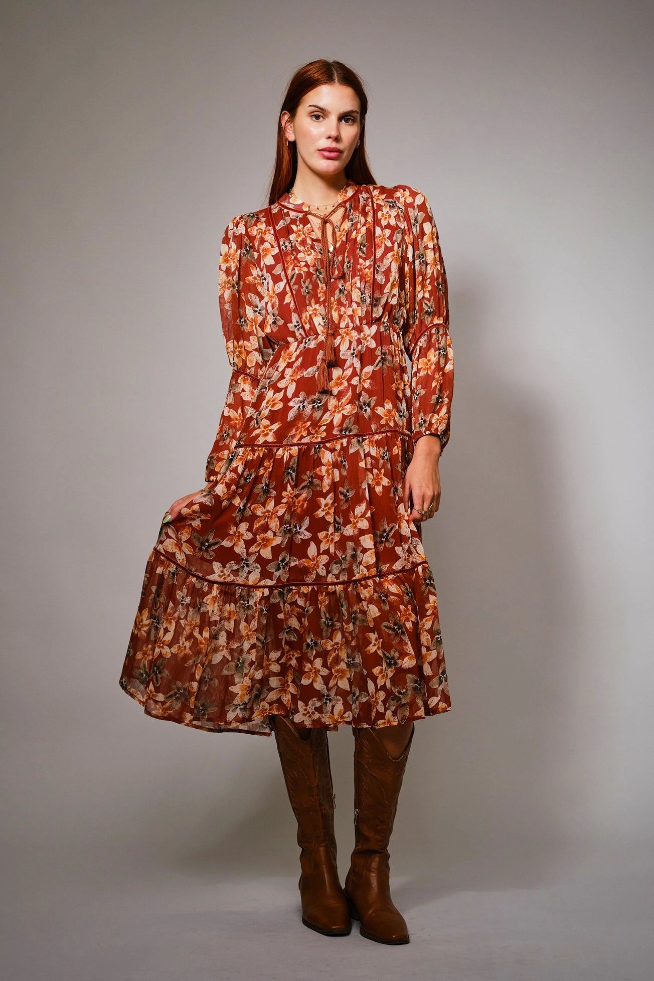 Yoryu Crinkle Autumn Print Chiffon Tassel Tie Dress