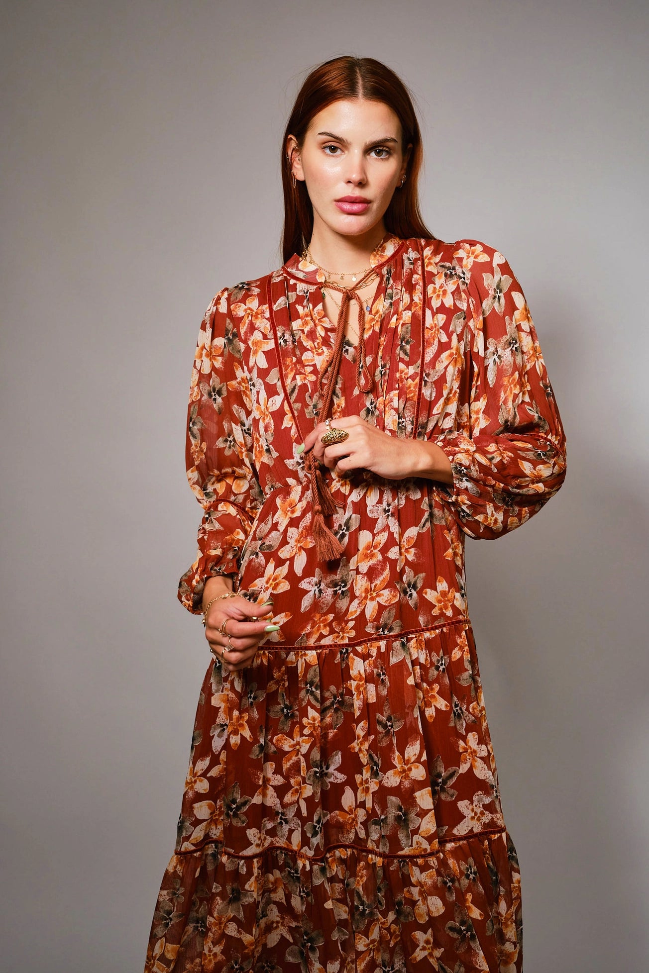 Yoryu Crinkle Autumn Print Chiffon Tassel Tie Dress