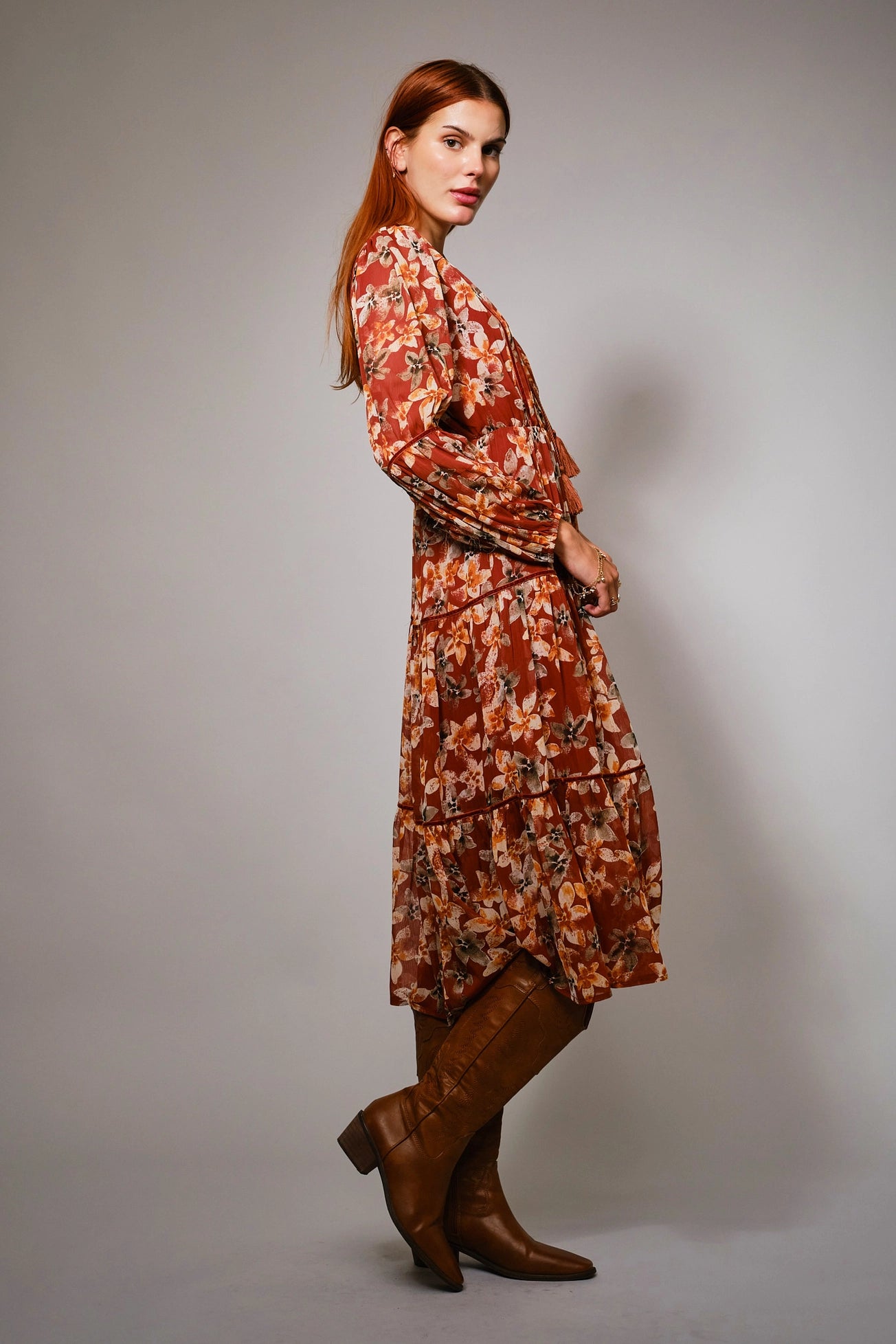 Yoryu Crinkle Autumn Print Chiffon Tassel Tie Dress