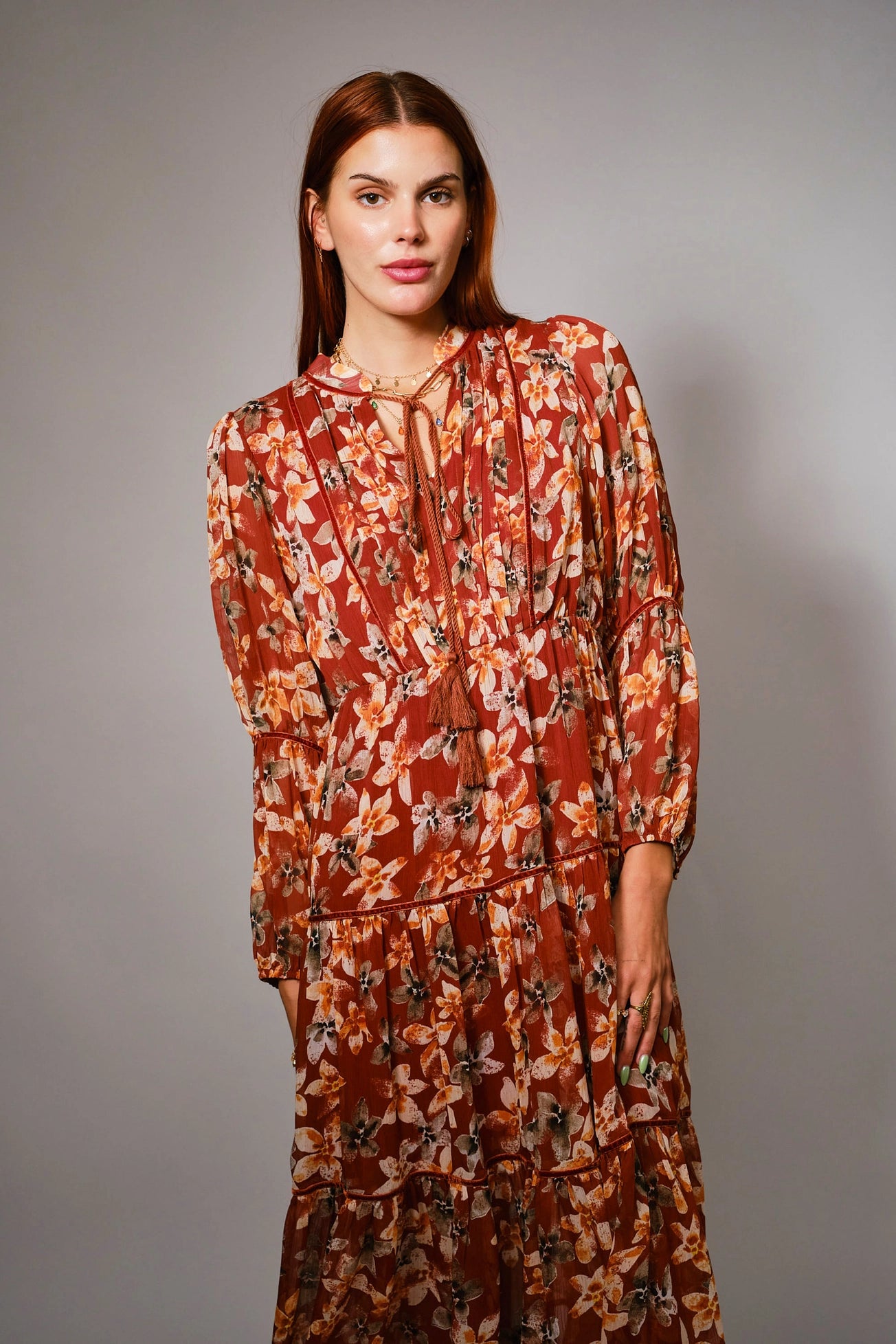 Yoryu Crinkle Autumn Print Chiffon Tassel Tie Dress